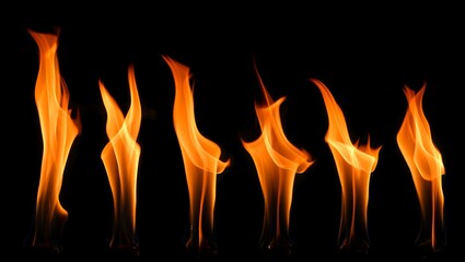Row of vibrant orange flames dancing against a deep black background with subtle blue tips