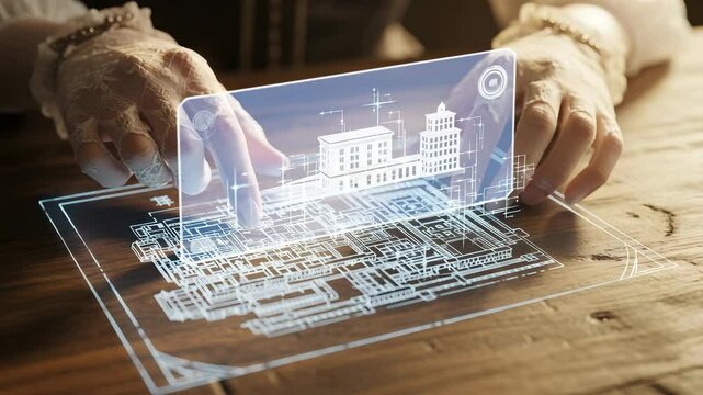 Hands interacting with transparent holographic display of architectural floor plan on wooden table