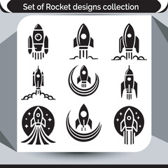 Monochrome Rocket Designs Collection with Smoke Clouds and Stars, Artistic Spacecrafts and Lunar Orbits Depicted