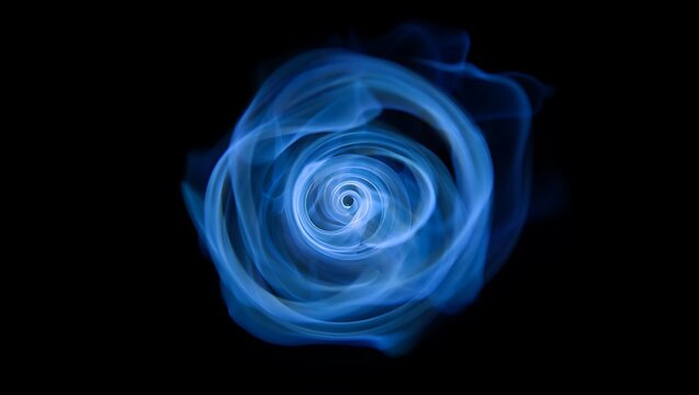 Abstract swirling blue smoke forming a vortex pattern against a dark black background