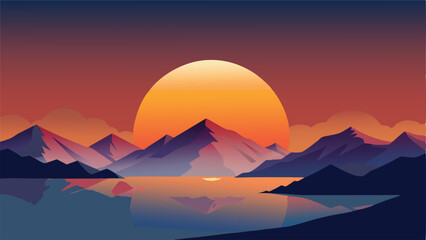 Fototapeta premium Graphic vista of mountains and water with a large setting sun landscape illustration