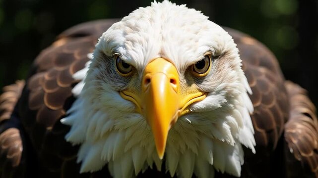 Witness the majestic bald eagle in stunning 4k, a captivating frontal shot highlighting its white head feathers, piercing dark eyes, and sunlight-kissed yellow beak.