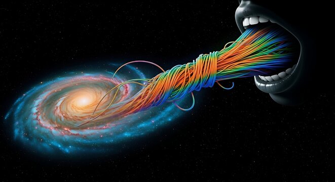 The creative power of speech, a colorful cosmic whisk of energy forming a new galaxy from a voice.