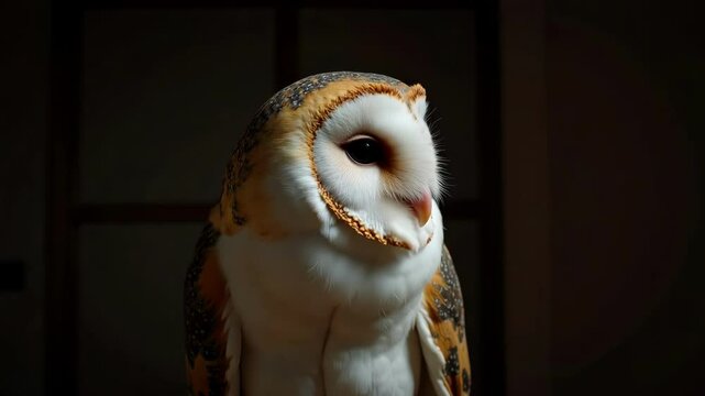 A detailed mid-shot captures a Barn Owl's alert expression and feathered edges around its ear region under soft indoor light in stunning 4k detail.