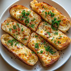 garlic bread in white plate on white background 