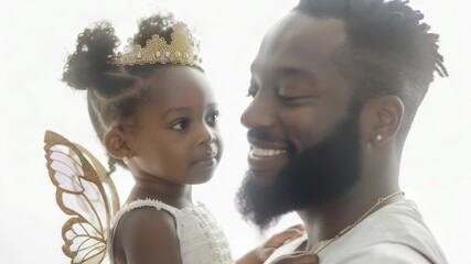 A father holds a young girl with a tiara, symbolizing a special bond