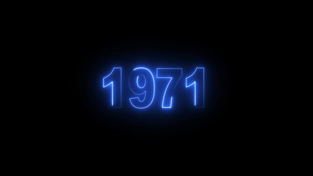 Glowing neon numeric text 1971 year countdown icon background 4k animation. cyan neon font alpha year. Neon year 1971 with alpha channel, Energy neon 1971 year.