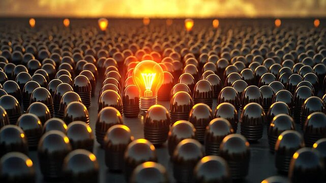 Many dark objects; one glowing lightbulb