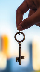 Hand holding an antique key with blurred background. Symbolizes opportunity, success, and access to new possibilities.