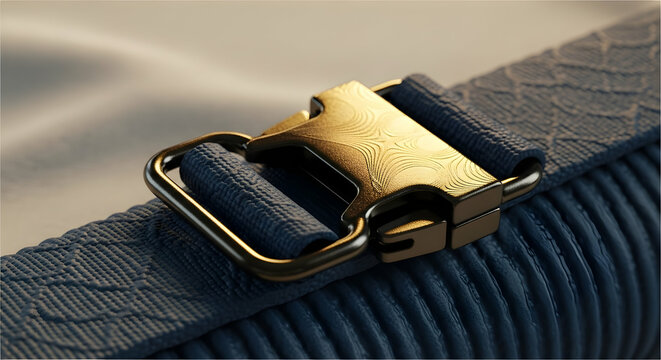 Close-up of an elegant golden buckle on a blue textured yoga set strap, showcasing quality and detail.