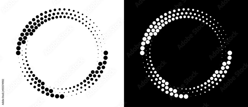 Poster Modern abstract background. Halftone dots in circle form. Round logo. Vector dotted frame. Design element or icon. Black shape on a white background and the same white shape on the black side.