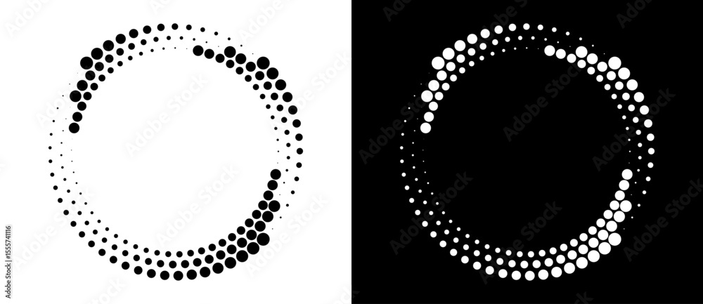 Poster Modern abstract background. Halftone dots in circle form. Round logo. Vector dotted frame. Design element or icon. Black shape on a white background and the same white shape on the black side.