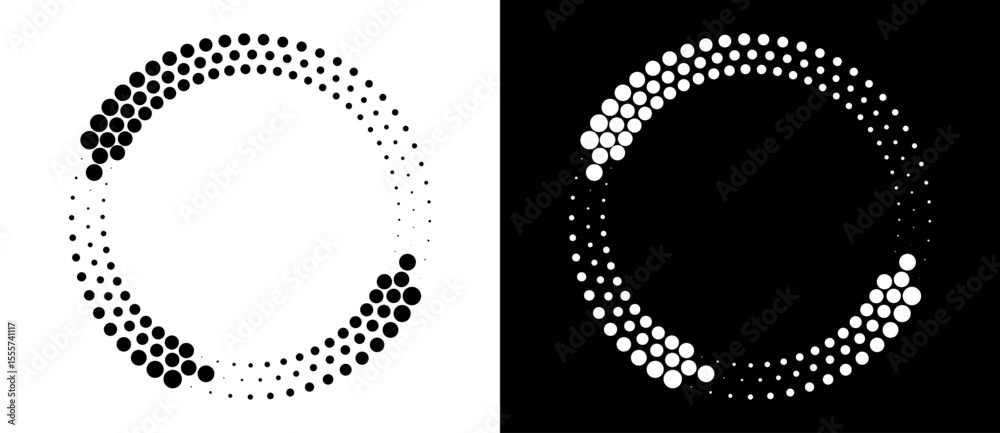 Aufkleber Modern abstract background. Halftone dots in circle form. Round logo. Vector dotted frame. Design element or icon. Black shape on a white background and the same white shape on the black side.