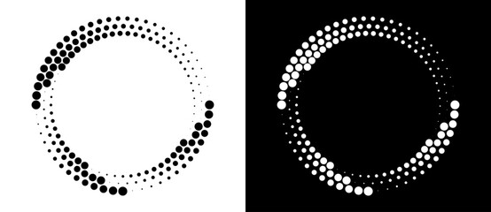 Modern abstract background. Halftone dots in circle form. Round logo. Vector dotted frame. Design element or icon. Black shape on a white background and the same white shape on the black side. © Mykola Mazuryk