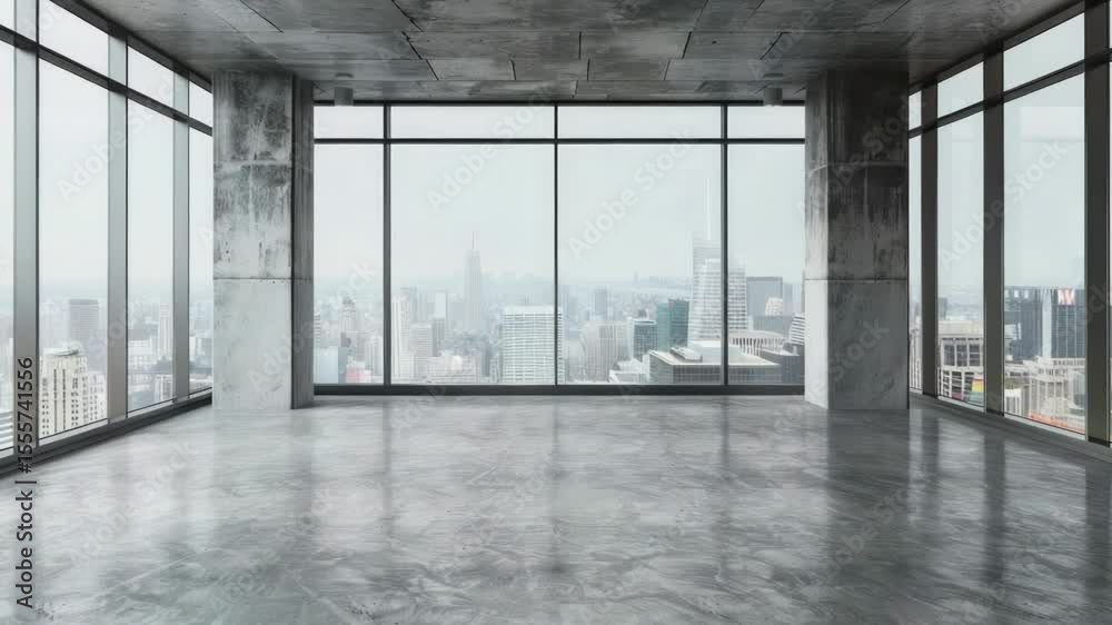 Poster empty room with large windows offering a view of the city