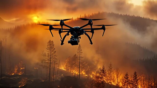 Drone monitoring wildfire in burning forest
