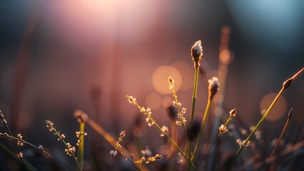 Golden pink sunlight bathes wild meadow flowers and dandelions, creating a beautiful summer field at sunrise