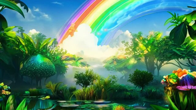 colorful animated tropical forest with rainbow, flowers, and sunlight in fantasy cartoon style
