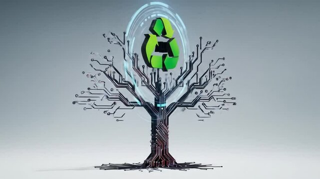 Illustrating Recycling Symbol with Circuit Board Tree for Eco Technology Concept