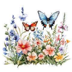 Butterfly Garden Full Bloom, watercolor clipart vector, isolated on a white background.