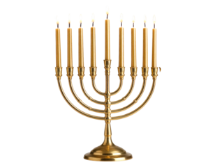 Hanukkah Menorah with Lit Candles – Gold Textured Transparent Background PNG