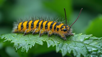 Fototapeta premium Close-up of a fuzzy, yellow-and-black caterpillar on a wet leaf