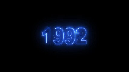 Glowing neon numeric text 1992 year countdown icon background 4k animation. cyan neon font alpha year. Neon year 1992 with alpha channel, Energy neon 1992 year.