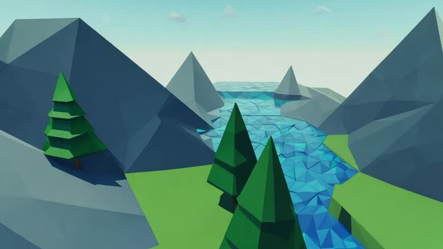 low poly animation of landscape with mountains, trees, and river in stylized 3d cartoon design
