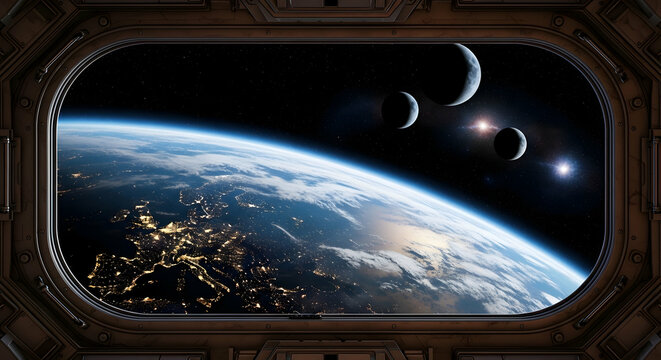 Stunning View of Earth and Celestial Bodies, Witnessing a Distant Meteor Shower from a Spacecraft Porthole in Orbit