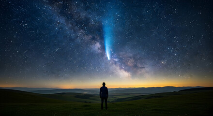 Obraz premium Awe-Inspiring Meteor Shower and Milky Way Over Rolling Hills at Night with a Stargazer