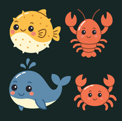 Fototapeta premium Simple Cute Sea Animals Cartoon