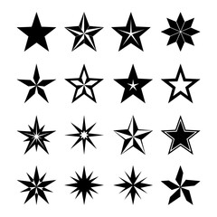 Set of Geometric Star Symbols in Black Silhouett
