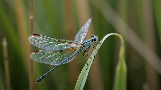 Captured in stunning 4k, a damselfly exhibits its slender body, delicate transparent wings with subtle hues, and large compound eyes atop its head near a serene pond.