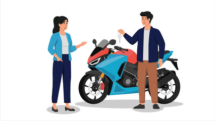 flat color vector of buyer and seller buying or renting a motorcycle vehicle
