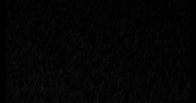 Realistic Rain Falling footage animation in real time on dark black background, Seamless Rain Drops, Heavy Rain, seamlessly looped rain animation Cinematic Rain Effect for Film and Video digital compo