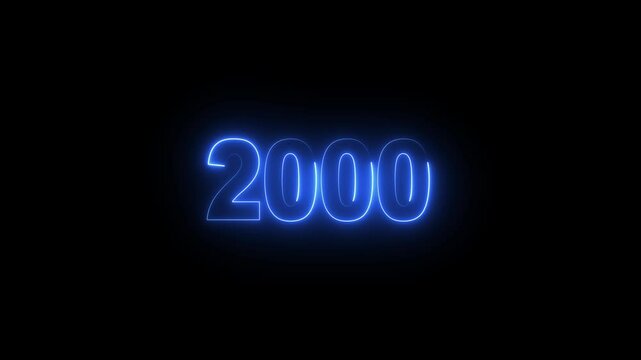 Glowing neon numeric text 2000 year countdown icon background 4k animation. cyan neon font alpha year. Neon year 2000 with alpha channel, Energy&nbsp;neon&nbsp;2000&nbsp;year.
