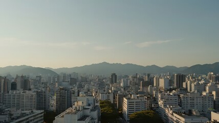 Obraz premium Cityscape of Hiroshima at Dusk – Urban Skyline with Mountain Backdrop