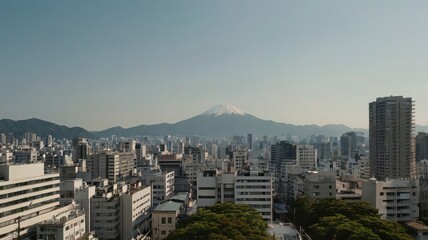 Fototapeta premium Cityscape of Hiroshima at Dusk – Urban Skyline with Mountain Backdrop