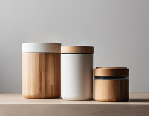 A minimalist featuring white and wood reusable container.