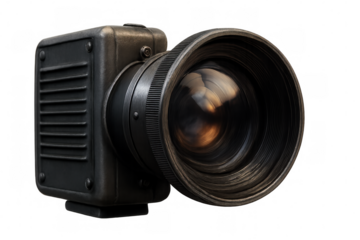 Vintage movie camera closeup, showcasing detailed lens and classic cinematic essence on transparent backdrop