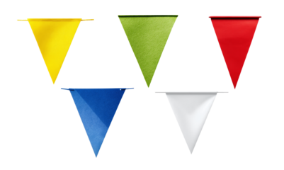 Collection of various paper triangle flags with yellow,green,red,blue and white, isolated on transparent background.