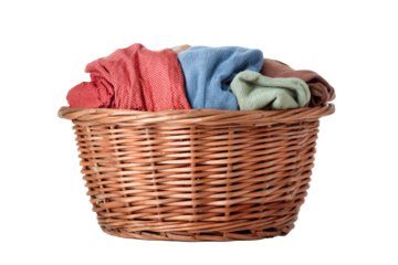 Wicker basket for clothes isolated on transparent background.