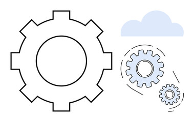 Large central gear with smaller overlapping gears and a blue cloud. Ideal for innovation, automation, technology, efficiency, process management, networking, cloud systems. Simple flat metaphor
