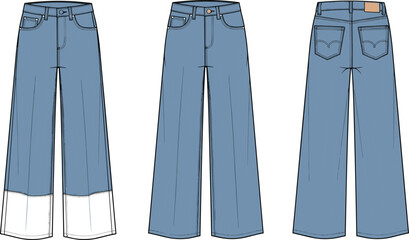 Flat sketch of women's denim wide leg jeans with front and back views, contrast cuff hem, classic pockets, fashion illustration   flat vector illustration © Khadija Creatives