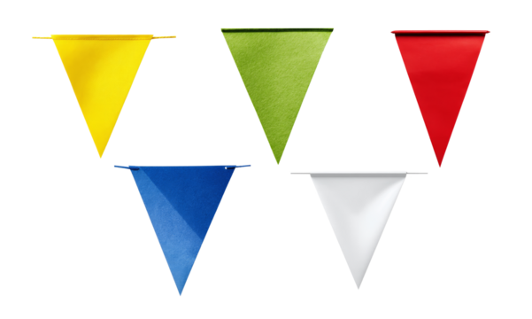 Collection of various paper triangle flags with yellow,green,red,blue and white, isolated on transparent background.