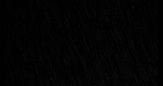 Realistic Rain Falling footage animation in real time on dark black background, Seamless Rain Drops, Heavy Rain, seamlessly looped rain animation Cinematic Rain Effect for Film and Video digital compo