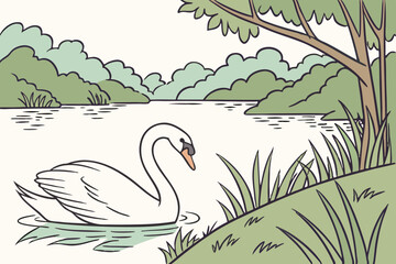 White Swan Swimming on Lake with Green Trees | Nature Art