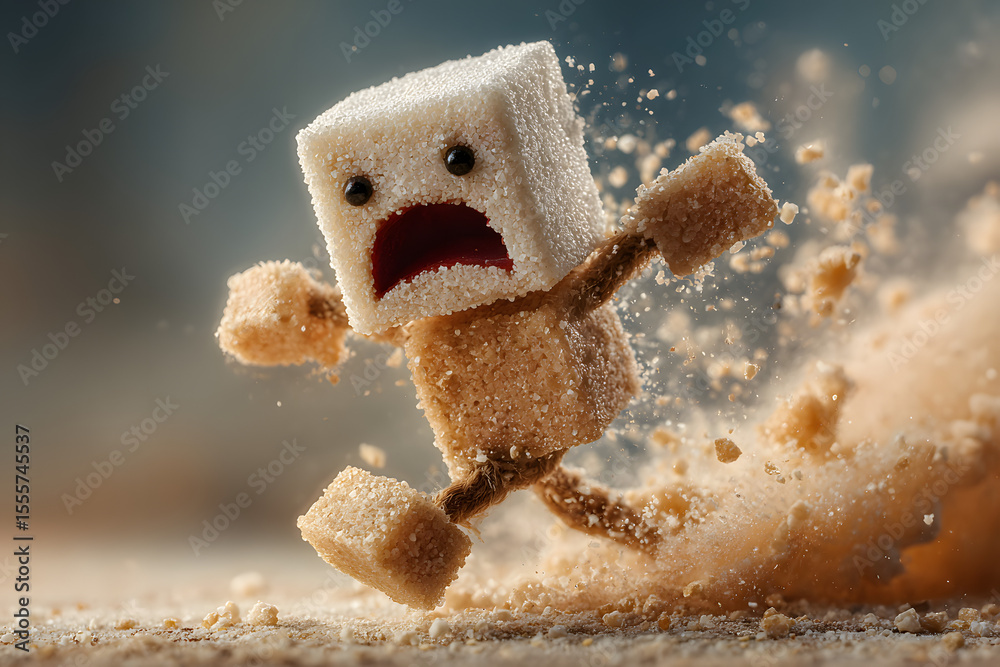 Poster The sugar cube figure is falling apart, representing a reduction in sugar intake