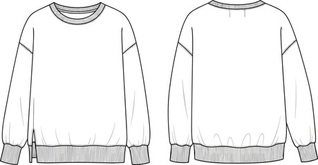 Oversized unisex sweatshirt flat sketch with ribbed cuffs, round neck, long sleeves, side slit, front and back view design

 flat vector illustration