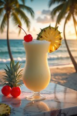 Refreshing piña colada with pineapple and cherries on a beach at sunset